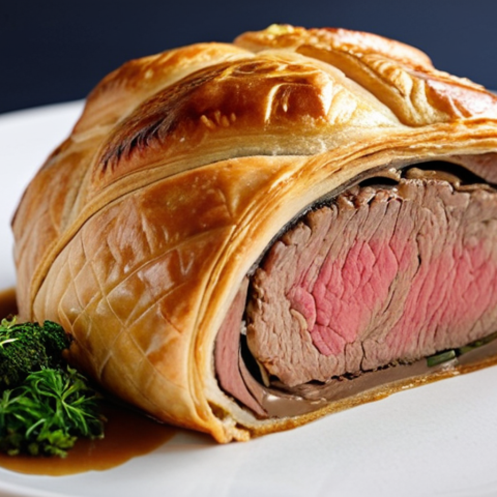**Vietnamese Beef Wellington:** A close-up shot of a golden-brown Beef Wellington, showcasing the flaky pastry crust. The dish is garnished with local Vietnamese herbs. The inside reveals layers of tender Vietnamese beef, mushroom duxelles made with straw mushrooms and shiitake, and a rich pate.