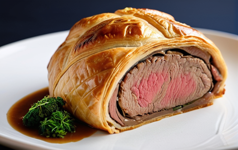 **Vietnamese Beef Wellington:** A close-up shot of a golden-brown Beef Wellington, showcasing the flaky pastry crust. The dish is garnished with local Vietnamese herbs. The inside reveals layers of tender Vietnamese beef, mushroom duxelles made with straw mushrooms and shiitake, and a rich pate.